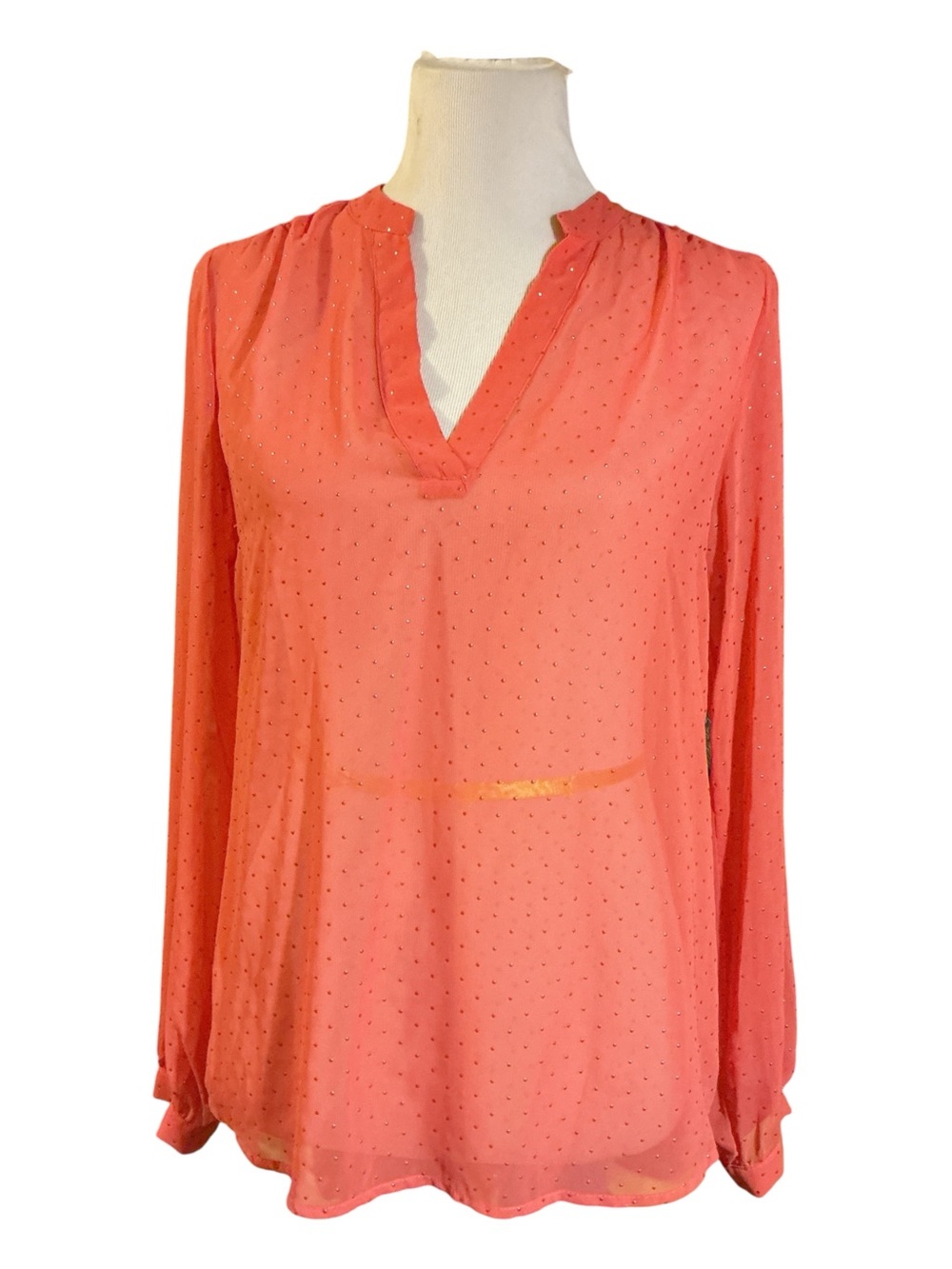 a.n.a Coral Polka Dot V-Neck Long-Sleeve Blouse